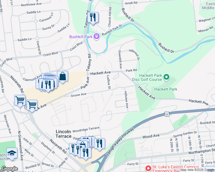 map of restaurants, bars, coffee shops, grocery stores, and more near 2122 Gruver Avenue in Easton