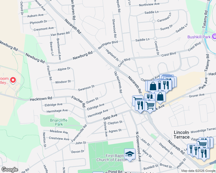 map of restaurants, bars, coffee shops, grocery stores, and more near 2726 Queen Street in Easton