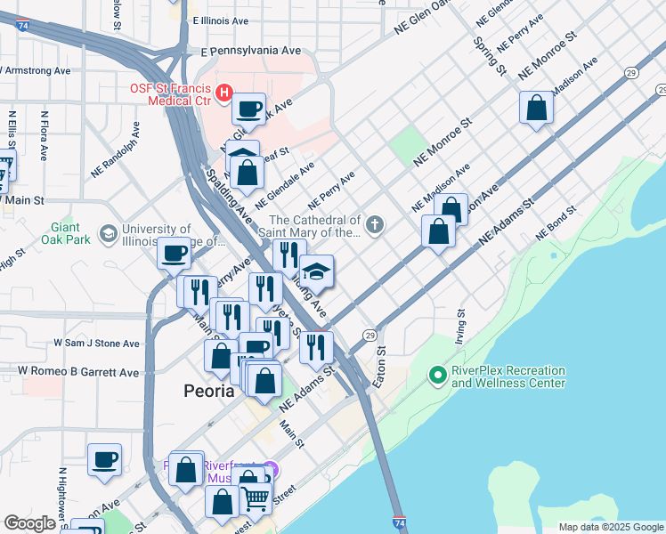 map of restaurants, bars, coffee shops, grocery stores, and more near 401 NE Madison Ave in Peoria