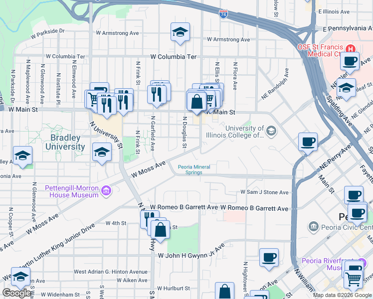 map of restaurants, bars, coffee shops, grocery stores, and more near 810 West Moss Avenue in Peoria