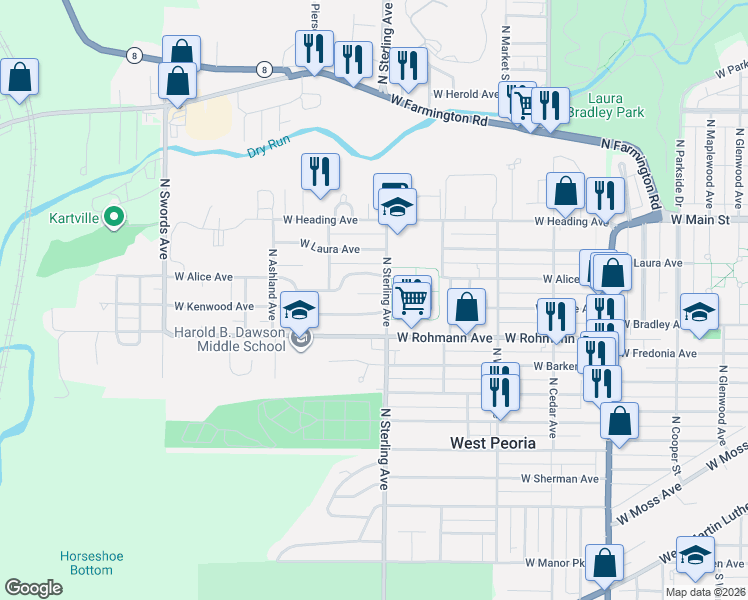 map of restaurants, bars, coffee shops, grocery stores, and more near 713 North Sterling Avenue in West Peoria