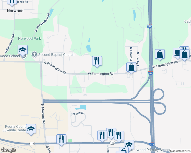 map of restaurants, bars, coffee shops, grocery stores, and more near 5802 W Farmington Rd in Peoria