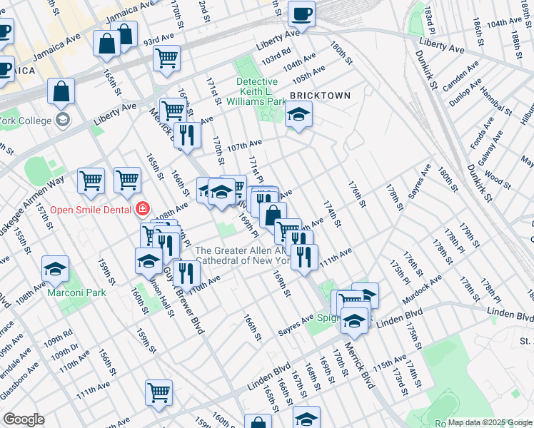 map of restaurants, bars, coffee shops, grocery stores, and more near 10916 Merrick Boulevard in Queens