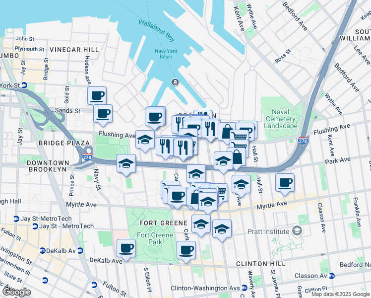 map of restaurants, bars, coffee shops, grocery stores, and more near 50 Adelphi Street in Brooklyn