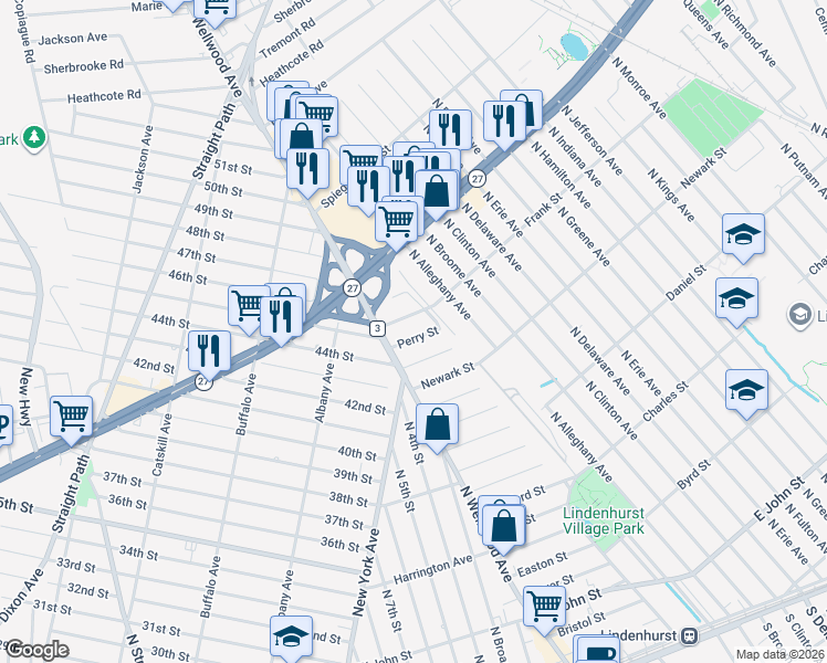 map of restaurants, bars, coffee shops, grocery stores, and more near 24 Oxford Street in Lindenhurst