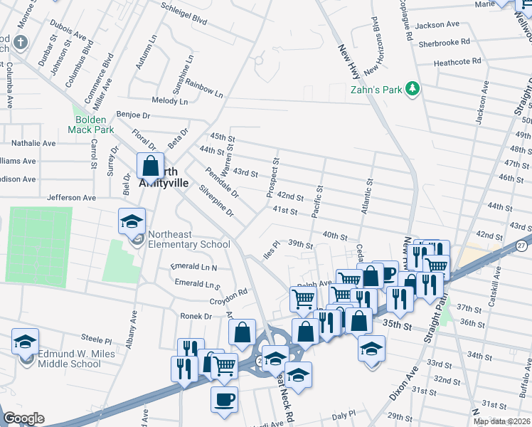 map of restaurants, bars, coffee shops, grocery stores, and more near 8 Jaqueline Court in Copiague