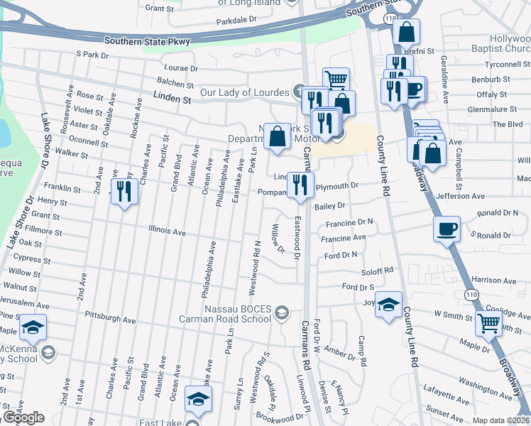 map of restaurants, bars, coffee shops, grocery stores, and more near 91 Westwood Road North in Massapequa Park