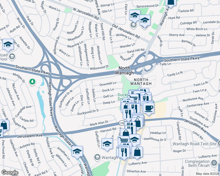 map of restaurants, bars, coffee shops, grocery stores, and more near 25 Dell Lane in Wantagh