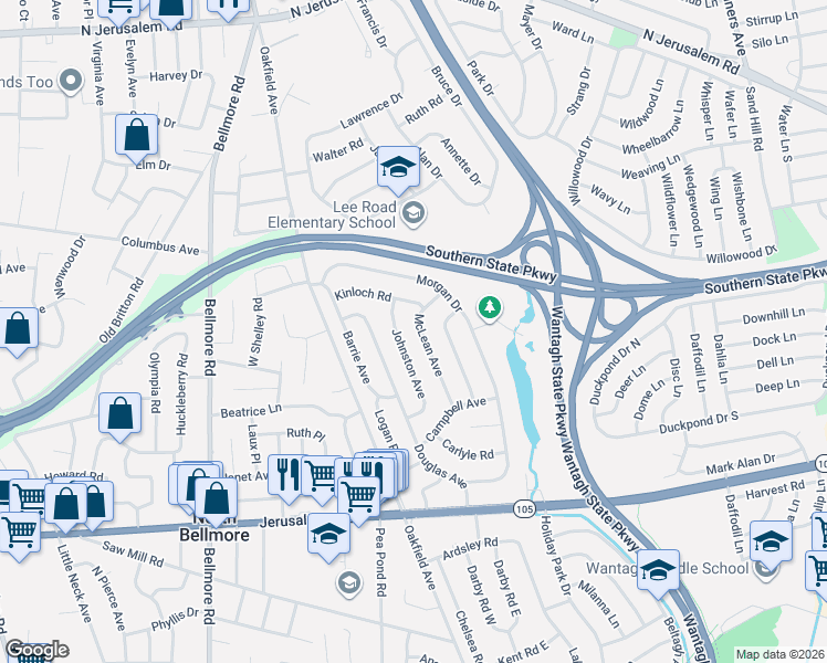 map of restaurants, bars, coffee shops, grocery stores, and more near 1054 McLean Avenue in Wantagh