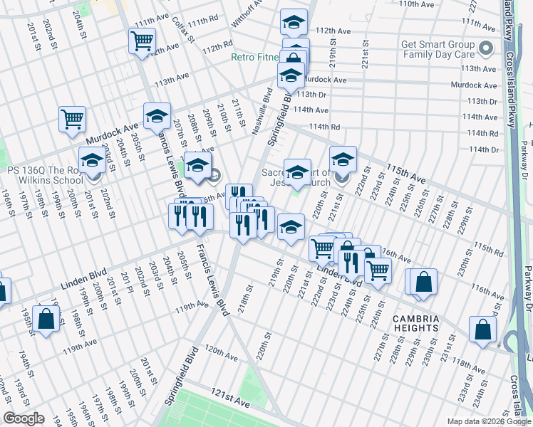 map of restaurants, bars, coffee shops, grocery stores, and more near 116-28 218th Street in Queens
