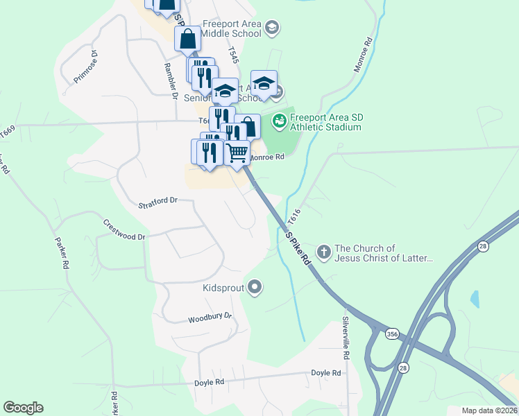 map of restaurants, bars, coffee shops, grocery stores, and more near 1072 Sandy Ridge Drive in Sarver