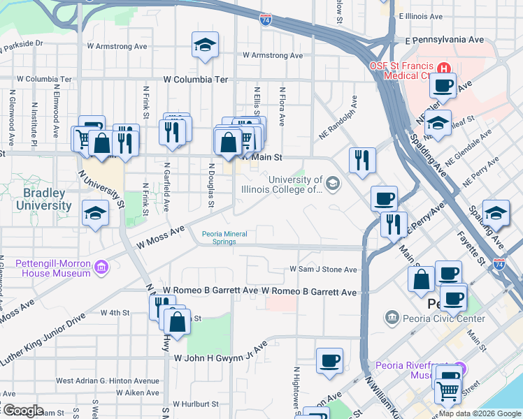 map of restaurants, bars, coffee shops, grocery stores, and more near 527 West Hillyer Place in Peoria
