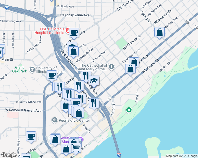 map of restaurants, bars, coffee shops, grocery stores, and more near 502 Bryan Street in Peoria