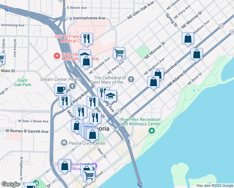 map of restaurants, bars, coffee shops, grocery stores, and more near 503 Northeast Madison Avenue in Peoria