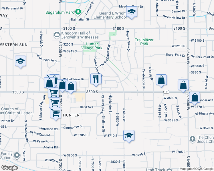 map of restaurants, bars, coffee shops, grocery stores, and more near 6920 Ashby Way in West Valley City