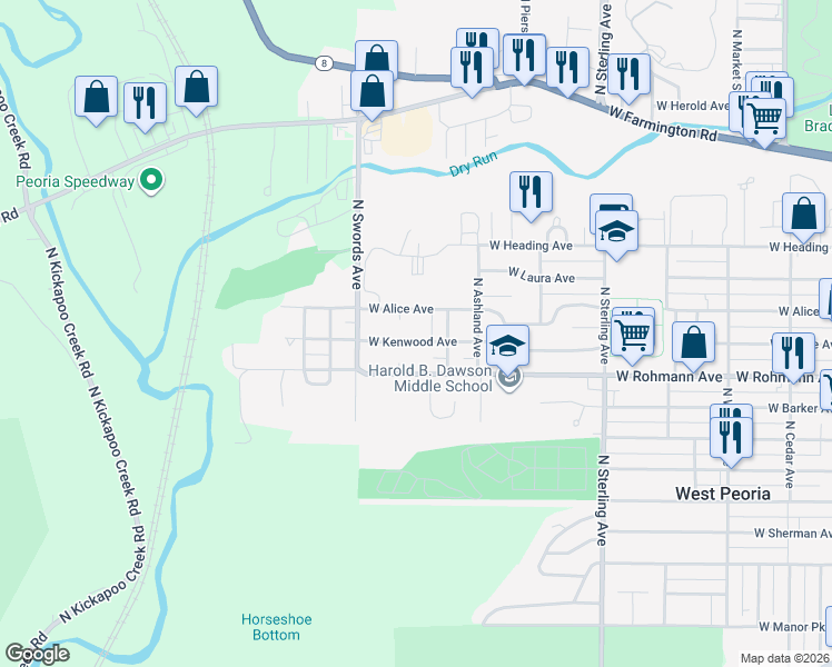 map of restaurants, bars, coffee shops, grocery stores, and more near 2925 West Rohmann Avenue in West Peoria
