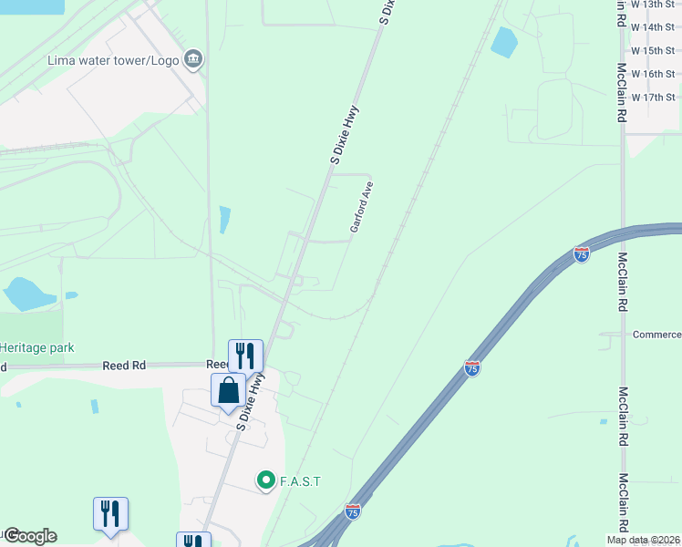 map of restaurants, bars, coffee shops, grocery stores, and more near 2901 Garford Avenue in Lima