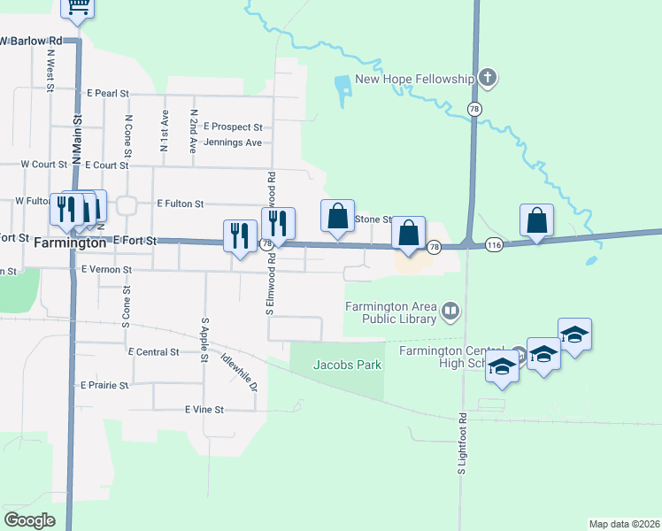 map of restaurants, bars, coffee shops, grocery stores, and more near 700-798 East Vernon Street in Farmington