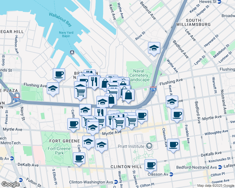 map of restaurants, bars, coffee shops, grocery stores, and more near 39-53 Waverly Avenue in Brooklyn