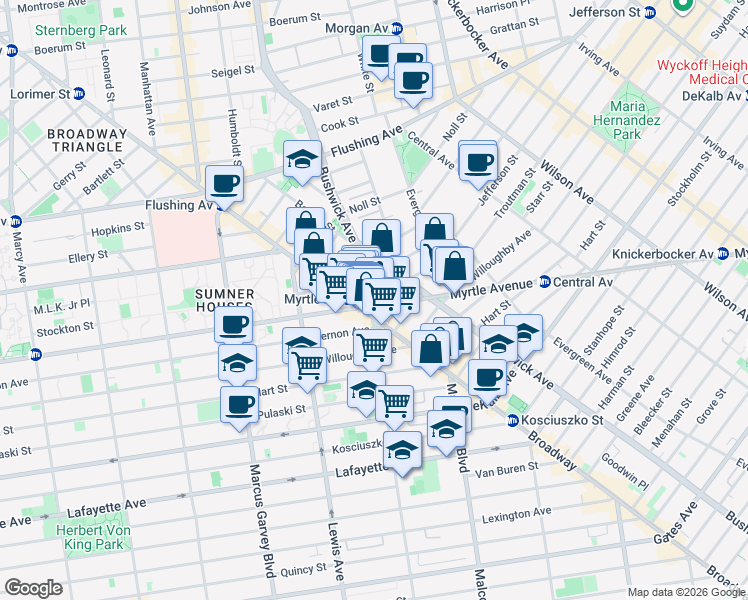 map of restaurants, bars, coffee shops, grocery stores, and more near 6 Stuyvesant Avenue in Brooklyn