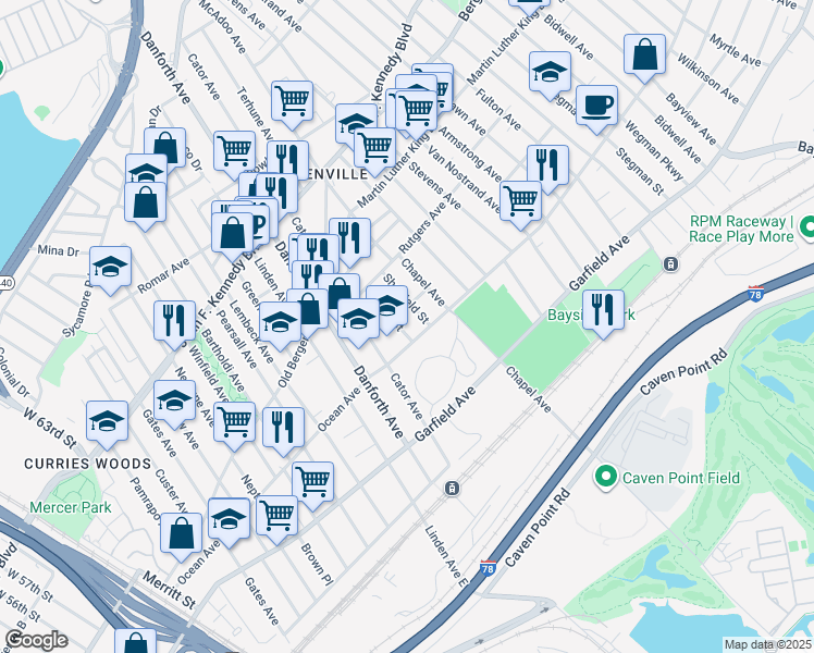 map of restaurants, bars, coffee shops, grocery stores, and more near 12 New Street in Jersey City