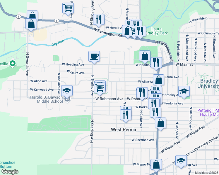 map of restaurants, bars, coffee shops, grocery stores, and more near 712 North Clifton Court in West Peoria