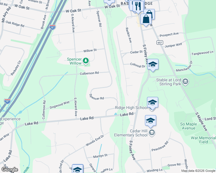 map of restaurants, bars, coffee shops, grocery stores, and more near 200 Spencer Road in Basking Ridge