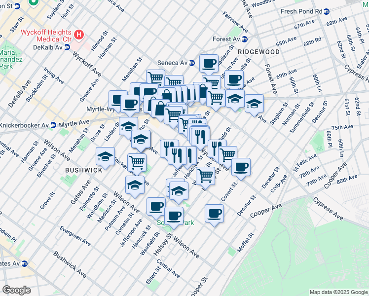 map of restaurants, bars, coffee shops, grocery stores, and more near 406 Cornelia Street in Brooklyn