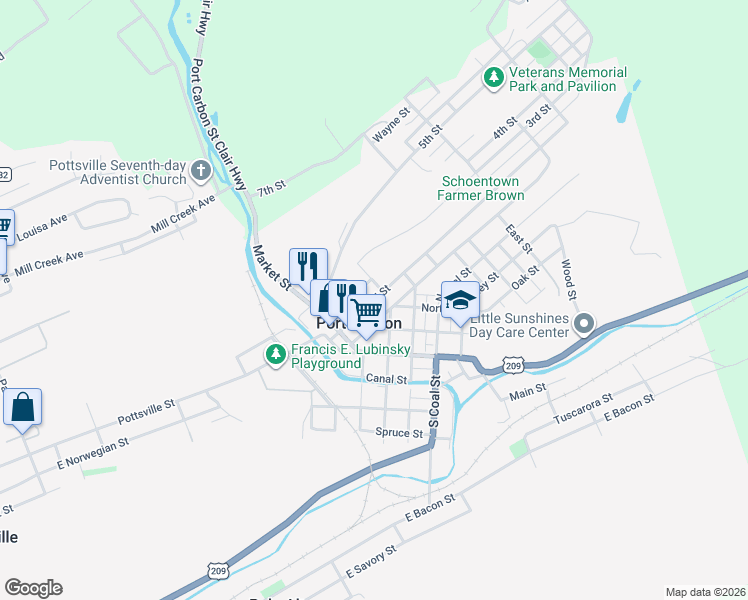 map of restaurants, bars, coffee shops, grocery stores, and more near 253 2nd Street in Port Carbon