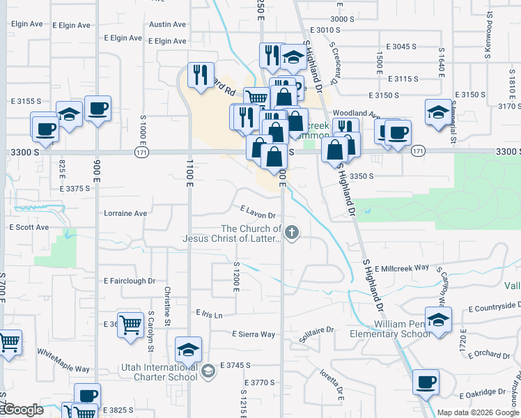 map of restaurants, bars, coffee shops, grocery stores, and more near 1249 East Lavon Drive in Millcreek