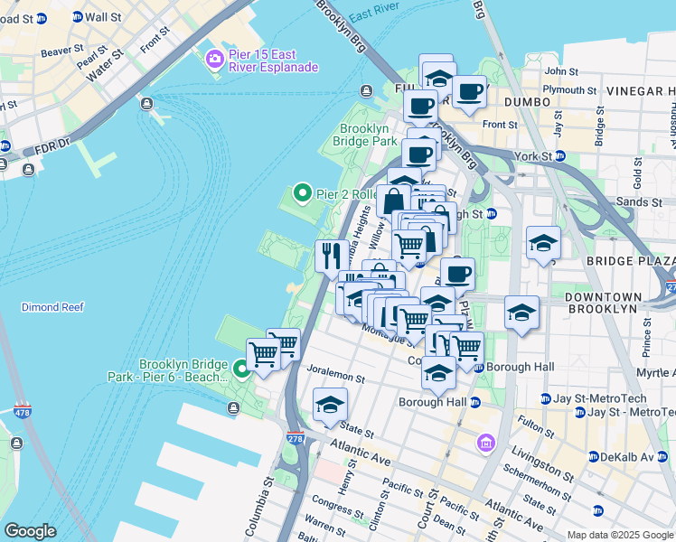 map of restaurants, bars, coffee shops, grocery stores, and more near 147 Columbia Heights in Brooklyn