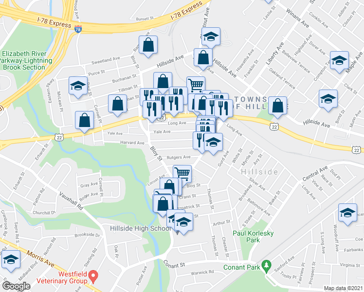 map of restaurants, bars, coffee shops, grocery stores, and more near 360 Yale Avenue in Hillside