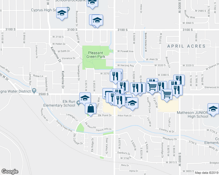 map of restaurants, bars, coffee shops, grocery stores, and more near 8435 West 3450 South in Magna