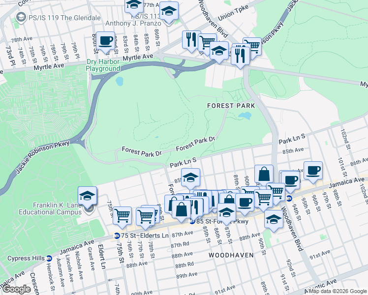 map of restaurants, bars, coffee shops, grocery stores, and more near Brooklyn-Queens Greenway in New York