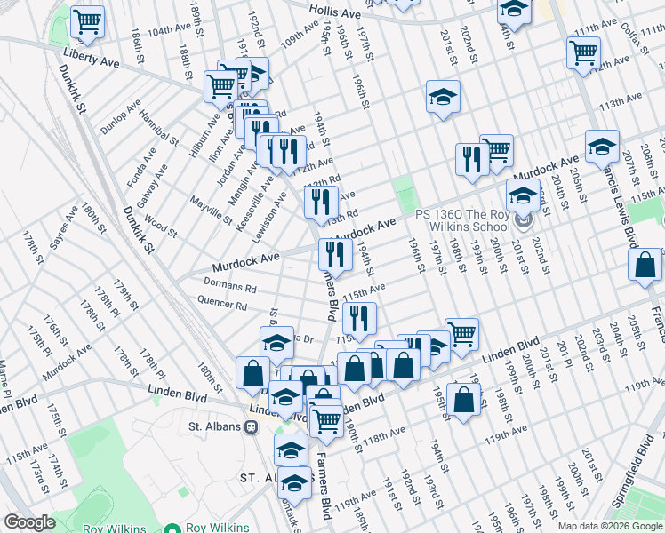 map of restaurants, bars, coffee shops, grocery stores, and more near 114-27 Farmers Boulevard in Queens