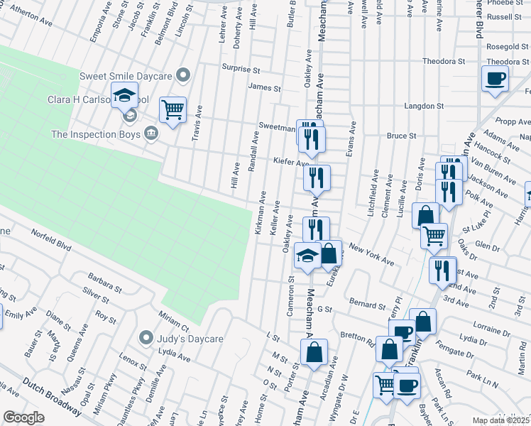 map of restaurants, bars, coffee shops, grocery stores, and more near 401 Kirkman Avenue in Elmont