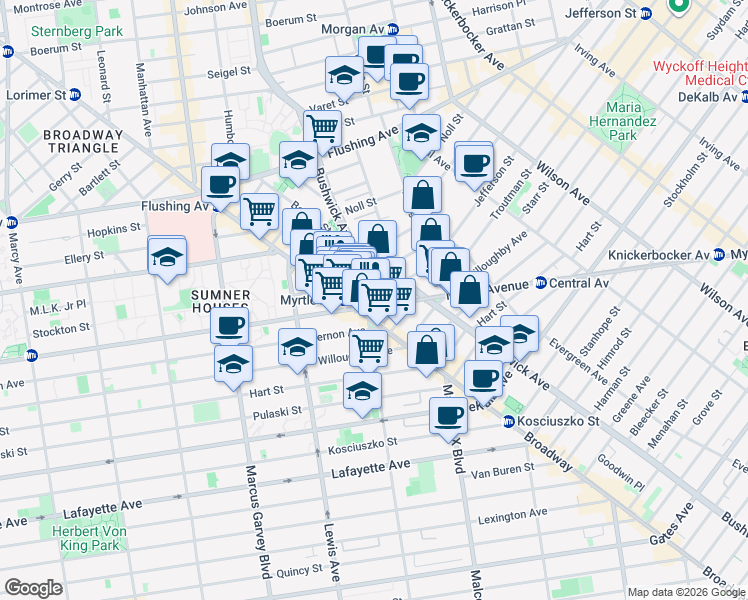 map of restaurants, bars, coffee shops, grocery stores, and more near 34 Melrose Street in Brooklyn