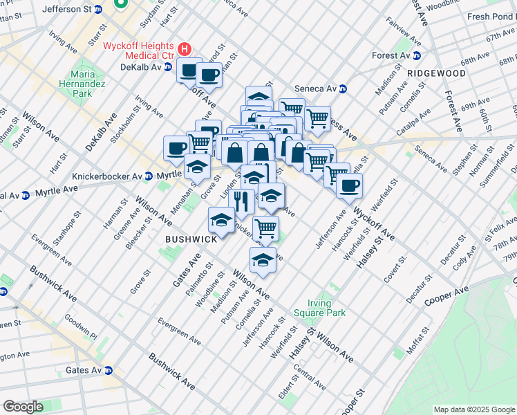 map of restaurants, bars, coffee shops, grocery stores, and more near 326 Palmetto Street in Brooklyn