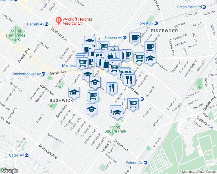 map of restaurants, bars, coffee shops, grocery stores, and more near in Brooklyn
