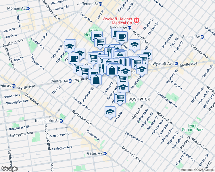 map of restaurants, bars, coffee shops, grocery stores, and more near 226 Wilson Avenue in Brooklyn