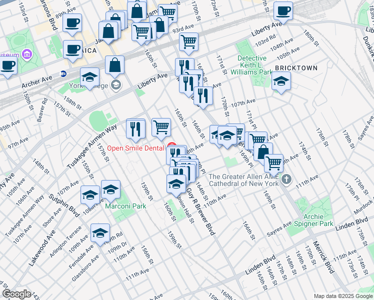 map of restaurants, bars, coffee shops, grocery stores, and more near 164-15 108th Avenue in Queens
