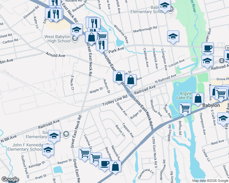 map of restaurants, bars, coffee shops, grocery stores, and more near 22 Brown Street in West Babylon