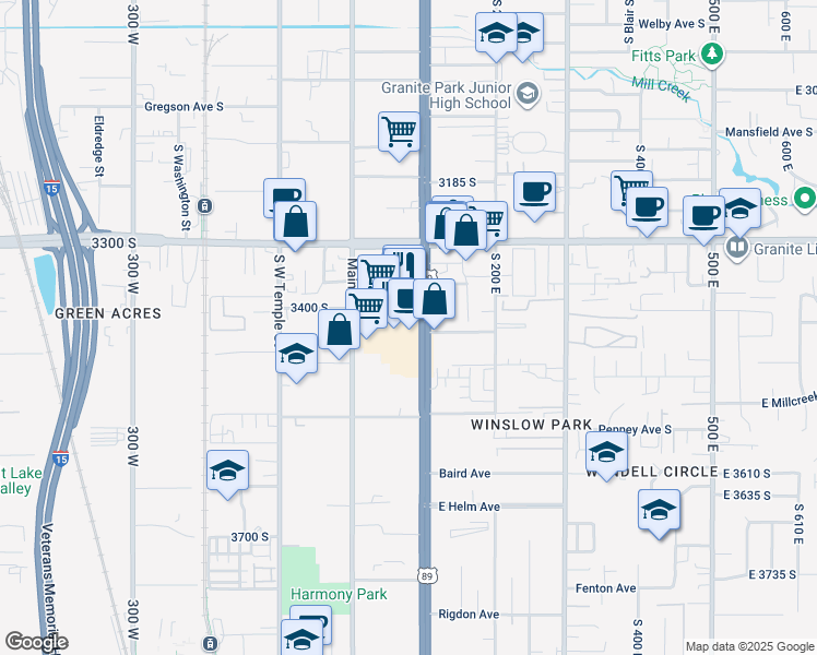 map of restaurants, bars, coffee shops, grocery stores, and more near 3370 South State Street in South Salt Lake