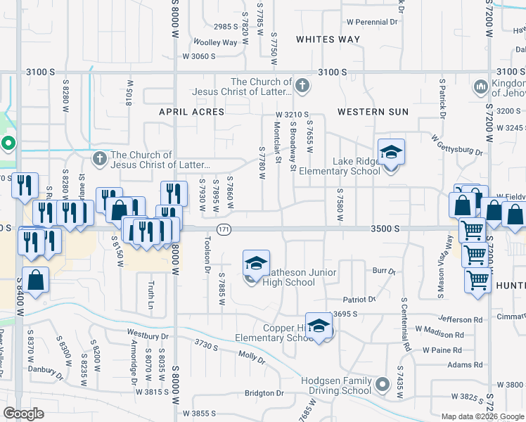 map of restaurants, bars, coffee shops, grocery stores, and more near 7883 West Glenwood Avenue in Magna