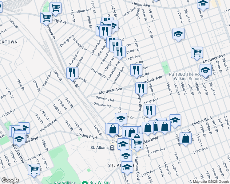map of restaurants, bars, coffee shops, grocery stores, and more near 188-24 Lewiston Avenue in Queens