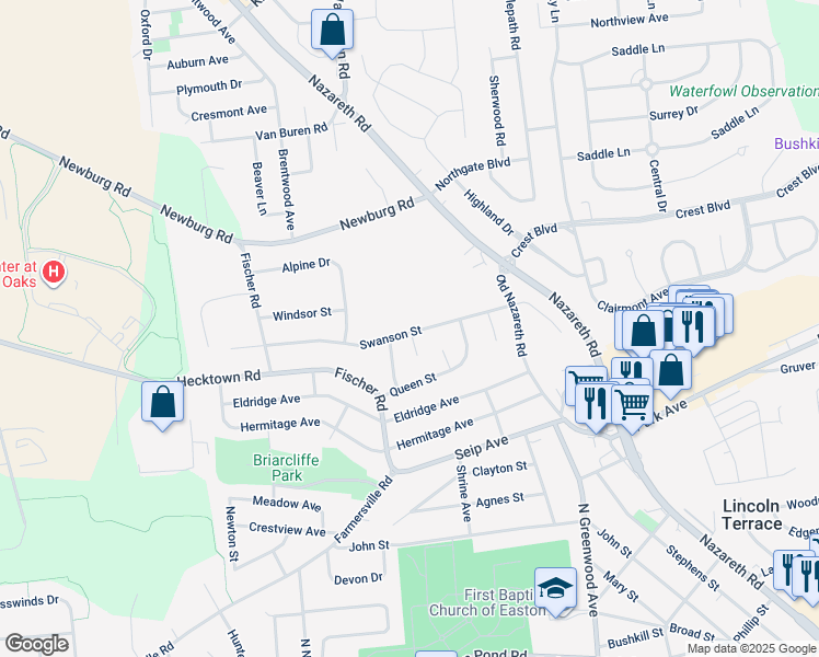 map of restaurants, bars, coffee shops, grocery stores, and more near 2729 Swanson Street in Easton