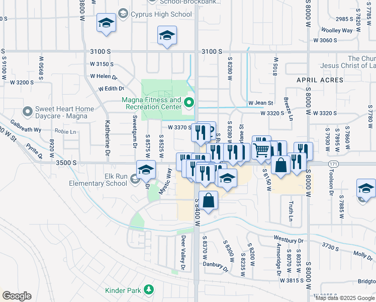 map of restaurants, bars, coffee shops, grocery stores, and more near 8435 West 3450 South in Magna