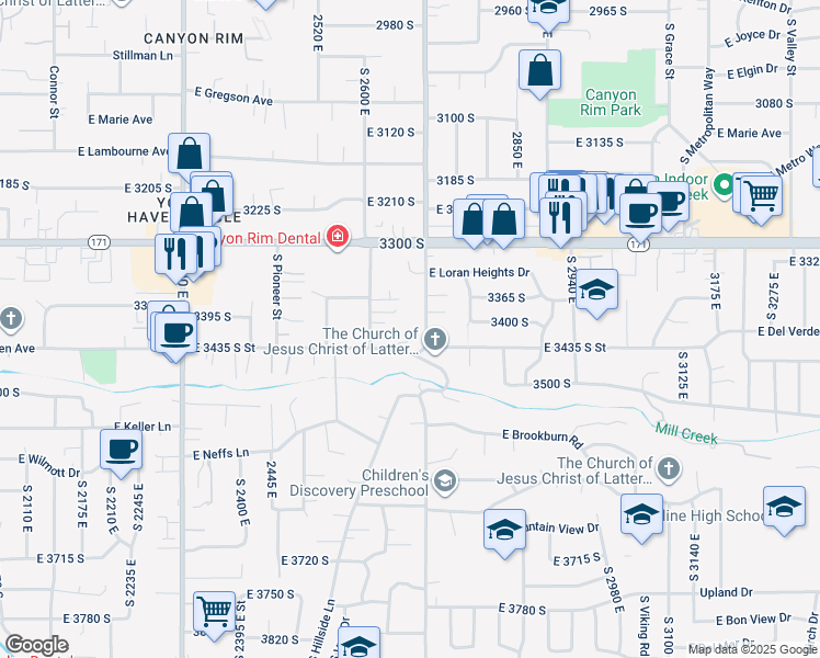 map of restaurants, bars, coffee shops, grocery stores, and more near 3381 South Oakwood Street in Salt Lake City