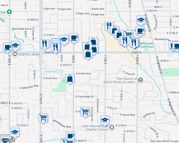 map of restaurants, bars, coffee shops, grocery stores, and more near 3386 Lorraine Circle in Millcreek
