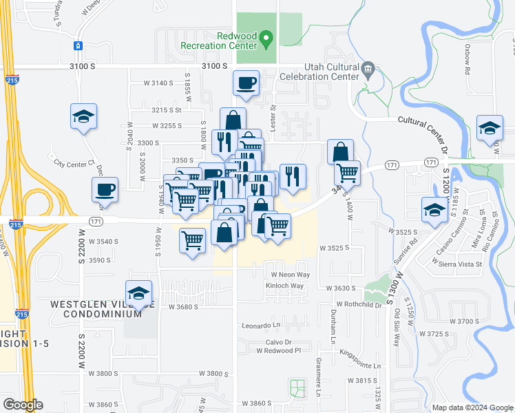 map of restaurants, bars, coffee shops, grocery stores, and more near 3447 South Redwood Road in West Valley City